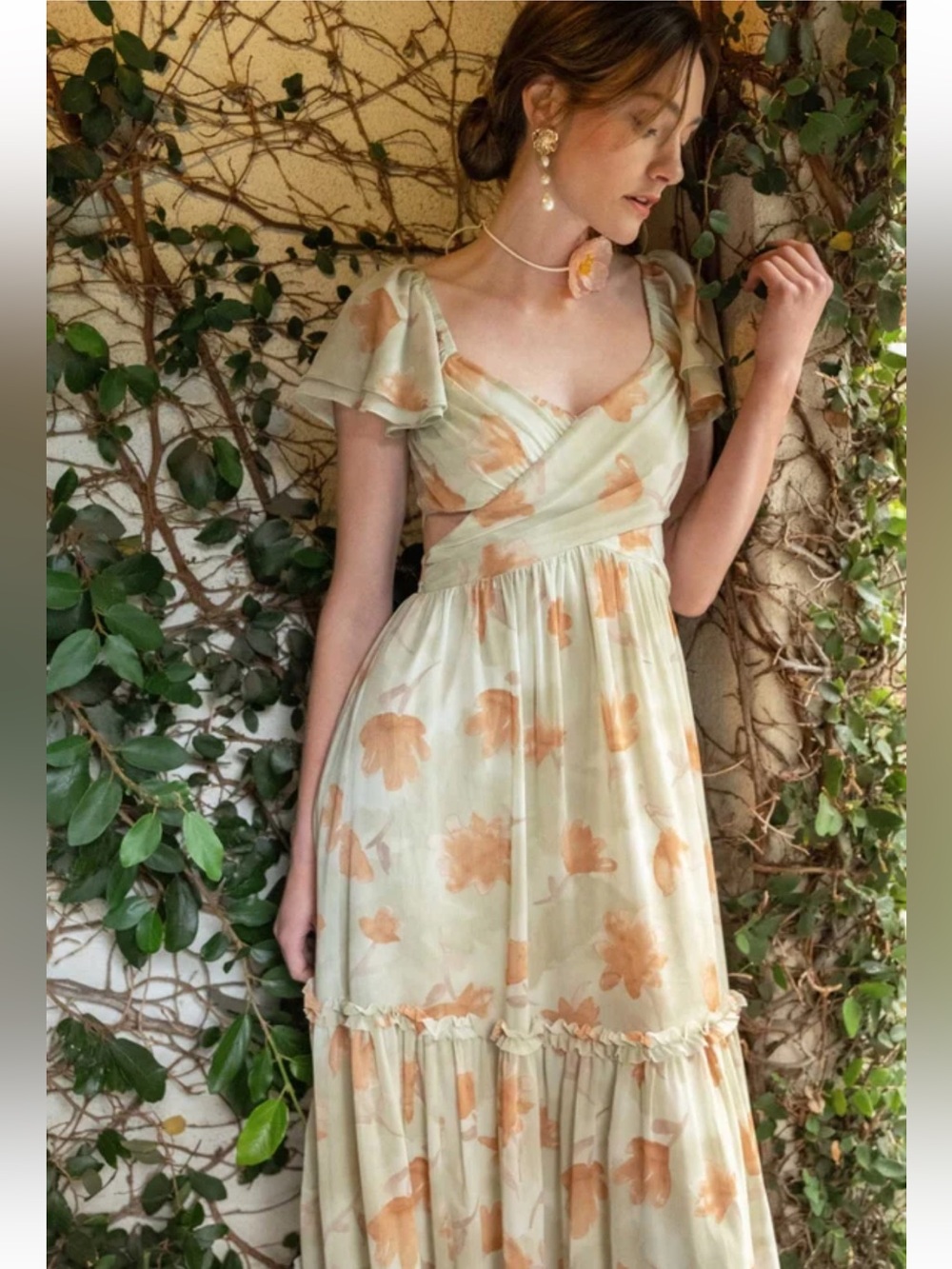 New By The River Floral Waist Cut Out Ruffle Midi Dress in Dusty Sage